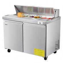Refrigerador comercial VEVOR de 122 cm de ancho, mesa refrigerada de 12.5 pies cúbicos para preparar sándwiches, refrigerador Mega Top para preparar alimentos con 12 bandejas y tabla de cortar, refrigerador de acero inoxidable para preparar ensaladas para restaurantes y food trucks.